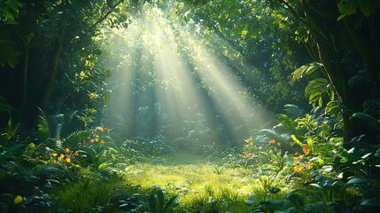 Sunlight filtering through lush green forest canopy serene nature scene tranquil environment captivating viewpoint