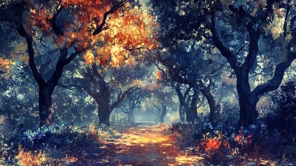 Autumn trail walk enchanted forest digital art serene environment perspective tranquility and nature
