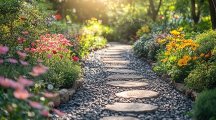 Fototapeta premium Tranquil garden pathway spring season nature photography lush environment serene viewpoint outdoor concept