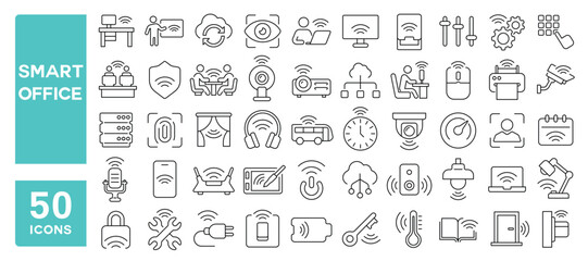 Set of 50 line icons related to smart office, devices, technology, electronics, work, wireless, employees, network, workspace, Editable stroke. Vector illustration