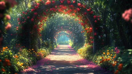 Serene flower pathway lush garden nature photography tranquil environment wide angle beauty in bloom