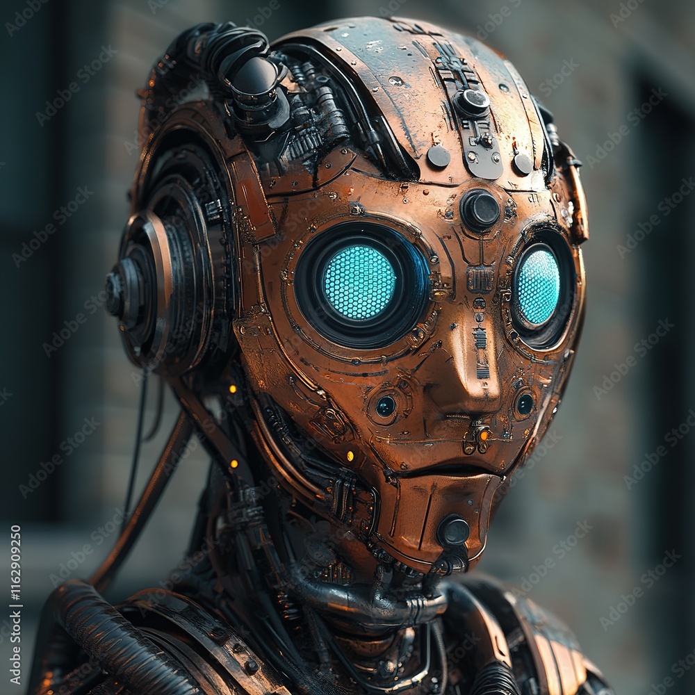 Poster futuristic robot encounter urban setting digital art technology close-up artificial intelligence con