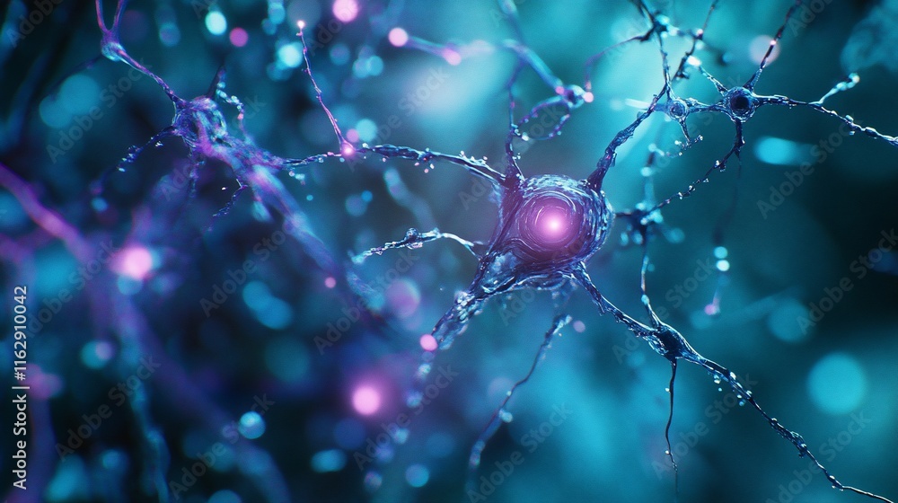 Poster microscopic view of a neuron with glowing synapses.