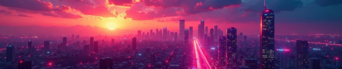 Fototapeta premium Glowing neon lights behind a futuristic cityscape at sunset, glow, urban, background