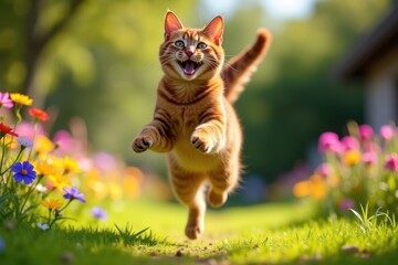Playful Abyssinian cat leaping through a field of colorful flowers with joy and exuberance