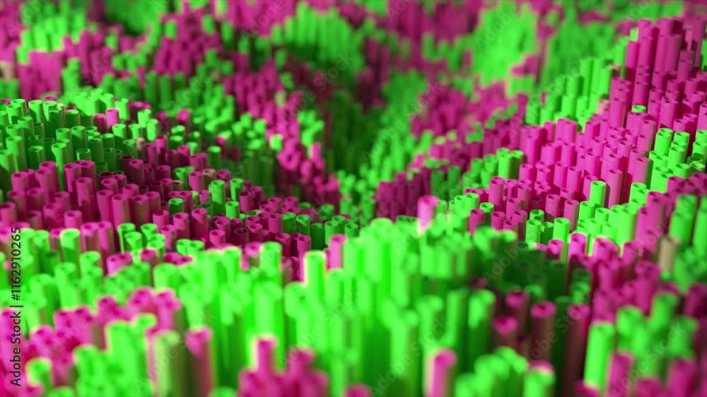 Poster microscopic view of a wavy landscape formed by pink and green tubes, creating a vibrant and abstract