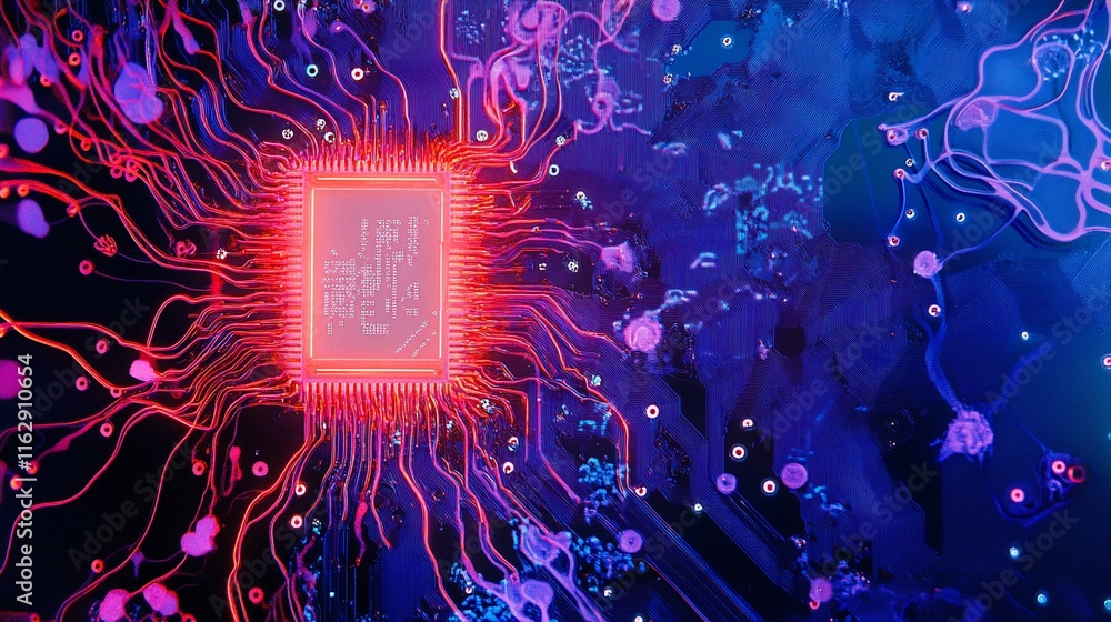 Poster abstract cpu glowing red in vibrant circuit board.
