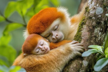 Obraz premium A mother golden snub-nosed monkey tenderly cradles her sleeping baby in the lush green forest.