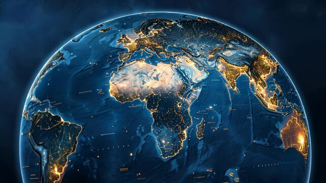 World map illuminated by city lights showcasing global geography and urban development at night