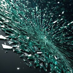 A dynamic explosion of shattered glass, with shards reflecting light in a mesmerizing display of color and texture.