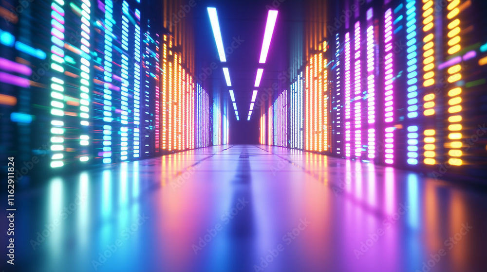 Aufkleber high tech data center with glowing server racks and light trails