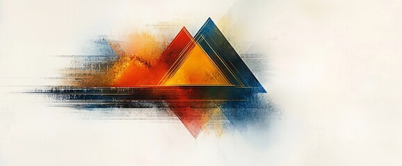 Abstract geometric art with orange, red, and blue triangles on white background.