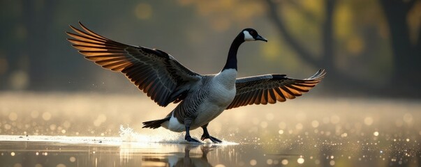 Large Canada goose spreading wings, taking flight, sky, nature photography