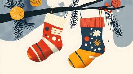 Festive Christmas Stockings Hang On A Branch