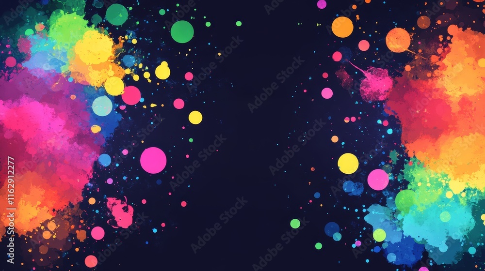 Poster a vibrant splash of colorful paint splatters on a dark background, creating an artistic design.