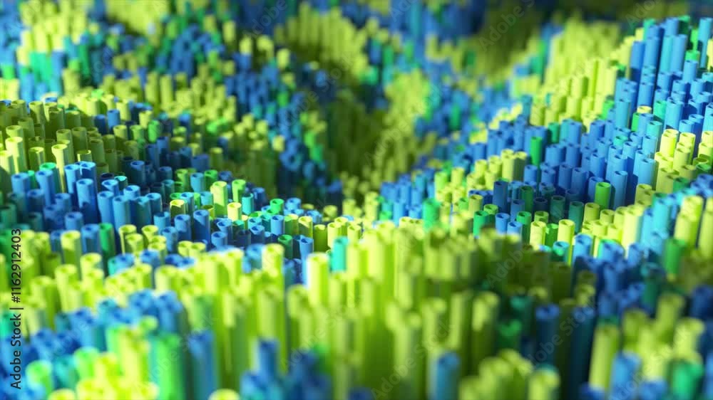 Poster abstract landscape is forming rolling hills with countless green and blue tubes, creating a visually