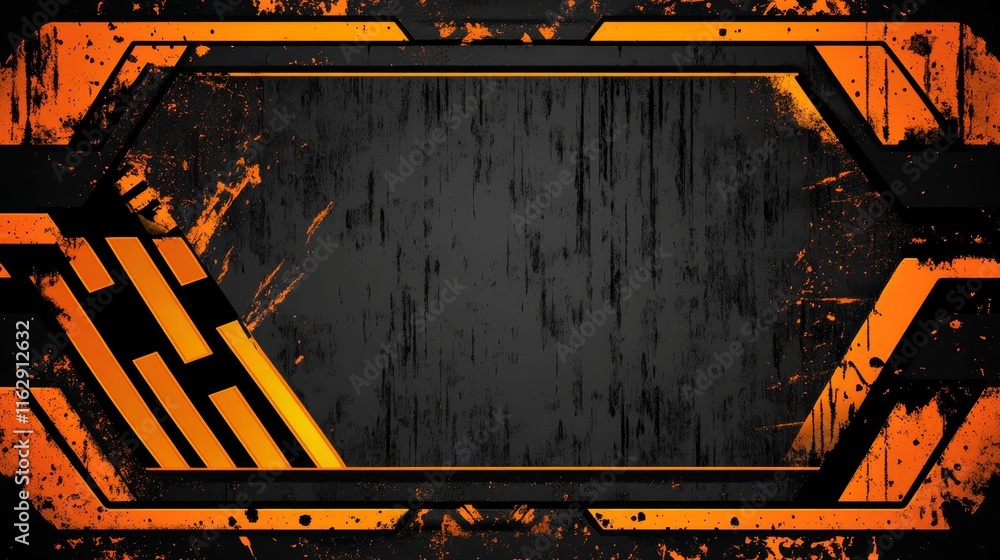 Poster abstract graphic design featuring an orange and black color scheme with a textured background.