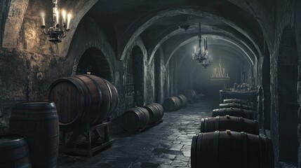 A dimly lit cellar with wooden barrels and stone walls, suggesting an atmosphere of aging wine.