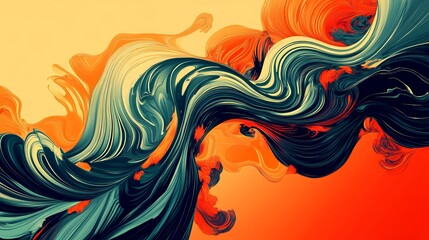 Abstract swirling orange and teal paint artwork