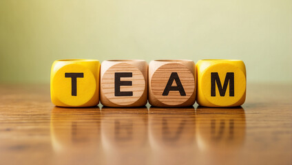  the word team is written on a wooden cubes structure on yellow background 