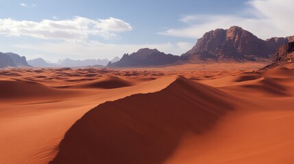 Naklejka premium Expansive desert landscape with red sand dunes and distant mountains under a clear sky.