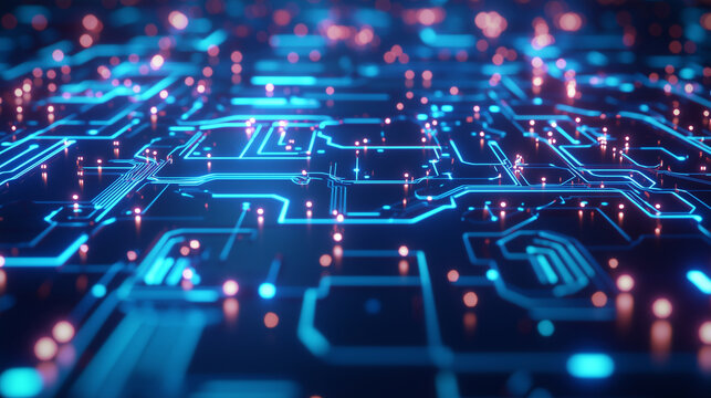 High Tech Circuit Board with Glowing Blue Lights