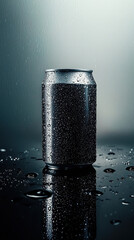 Beverage can mockup: Reflective surface, condensation droplets. Realistic, refreshing, product presentation, branding, packaging design.