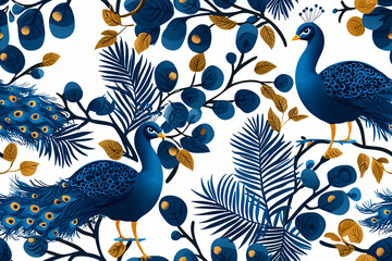 seamless pattern of elegant peacocks with flowing tail feathers in jewel tones watercolor illustration style