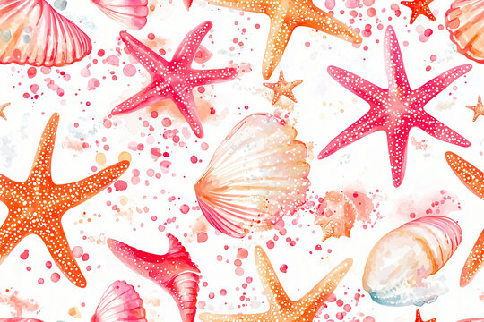 seamless pattern of detailed seashells and starfish in natural coastal colors watercolor illustration style