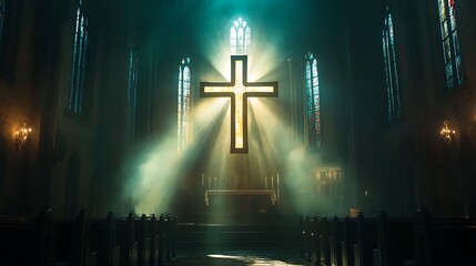 Naklejka premium Illuminated cross in a church sanctuary.