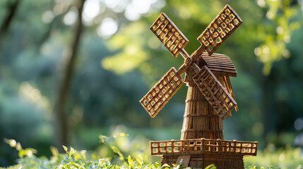 Matchstick windmill with spinning blades in sunny rural setting