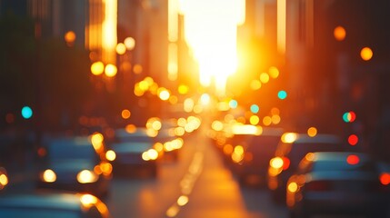 A blurred city street at sunset, with cars and glowing light creating a warm atmosphere.