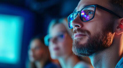 Fototapeta premium Group of People Engaged in Presentation with Reflective Lighting