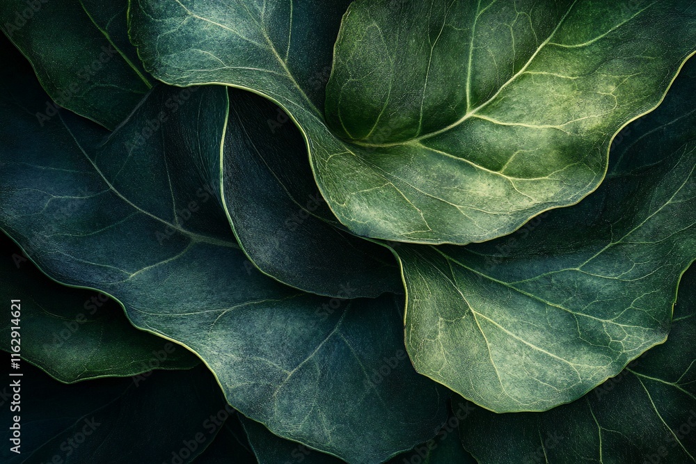 Poster close-up of lush, dark green leaves overlapping, creating a swirling pattern.