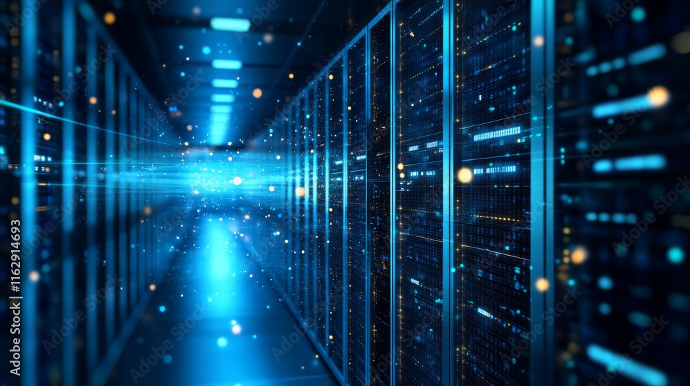 Poster a futuristic server room with glowing data streams and digital elements.