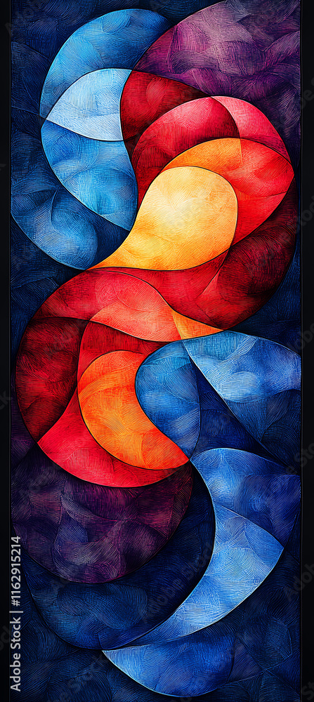Poster colorful abstract image featuring vibrant light waves and soft curves, blending shades of red, blue,
