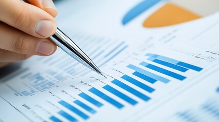Close-up of hand analyzing bar graph data on financial report.