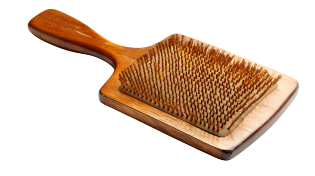 Wooden paddle hair brush with a natural finish. Features wooden bristles for gentle detangling. Isolated on white background