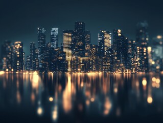 Obraz premium A nighttime city skyline with illuminated buildings reflecting on water.