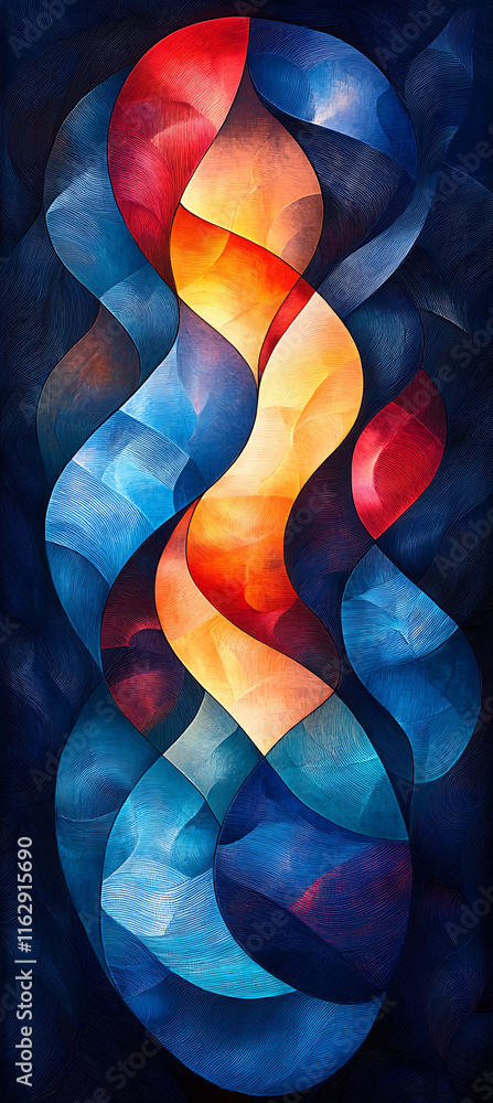 Poster colorful abstract image of light waves and soft curves, featuring vibrant reds, blues, and oranges t
