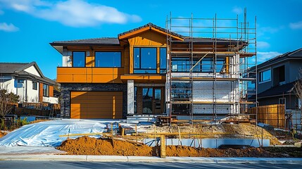 Modern house under construction, scaffolding, exterior.