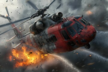 Helicopter crash ignites chaos amidst a fiery explosion in a dramatic aerial disaster