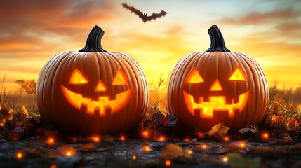 Two Jack O Lanterns Glow At Sunset