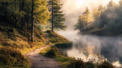 Misty morning path by calm lake in autumnal forest.