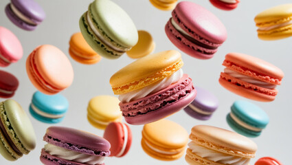 Obraz premium Various colorful of macarons floating on the air,Desserts sweet cake concept