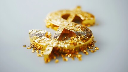 Close-up of a gold dollar sign, textured and detailed, with gold particles scattered around it.
