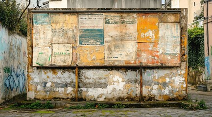 Weathered billboard with layered, faded posters and graffiti.