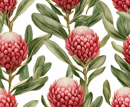 Seamless floral pattern with red protea flowers and green leaves