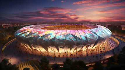 Epic Panoramic View of Soccer Stadium Under Ambient Sky: A Modern Architectural Marvel of Sports