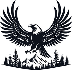 Majestic Eagle Soaring Above Mountainous Pine Forest Landscape